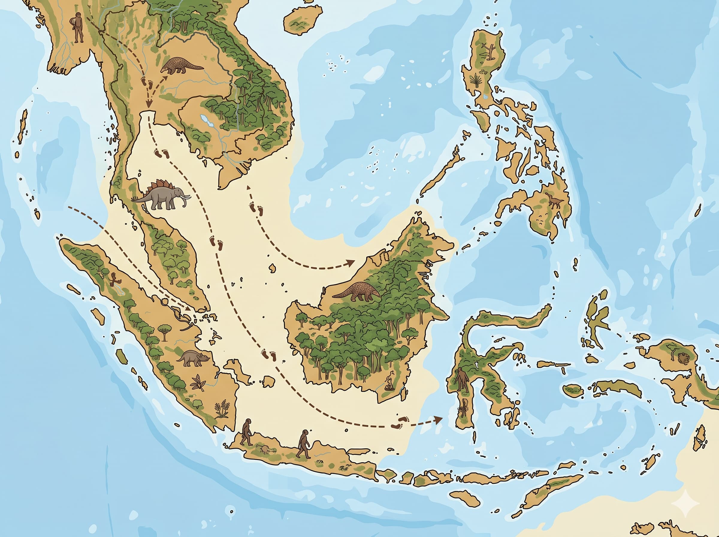 Ilustrasi Pentas Sunda yang menghubungkan tanah besar dan kepulauan