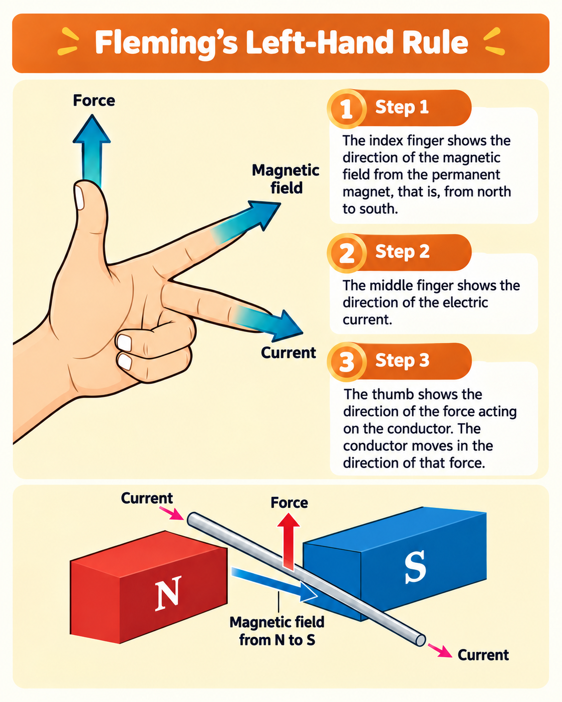 Fleming's left-hand rule: the index finger shows the magnetic field, the middle finger shows electric current and the thumb shows force; an example of a conductor between north and south poles is included.