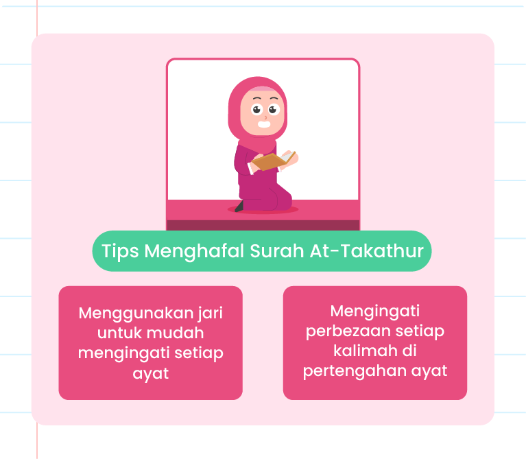 Imej ini menunjukkan dua petua untuk menghafal Surah At-Takathur. Petua pertama terletak dalam kotak berwarna hijau dengan nombor ‘1’ dan menyatakan ‘Menggunakan jari untuk mudah mengingati setiap ayat’. Petua kedua terletak dalam kotak berwarna biru dengan nombor ‘2’ dan menyatakan ‘Mengingati perbezaan setiap kalimah di pertengahan ayat’. Di bahagian atas, terdapat teks ‘TIPS MENGHAFAL SURAH AT-TAKATHUR’ dan di sebelah kiri, logo ‘Pandai’. Di sebelah kanan atas, terdapat ilustrasi sebuah buku terbuka.