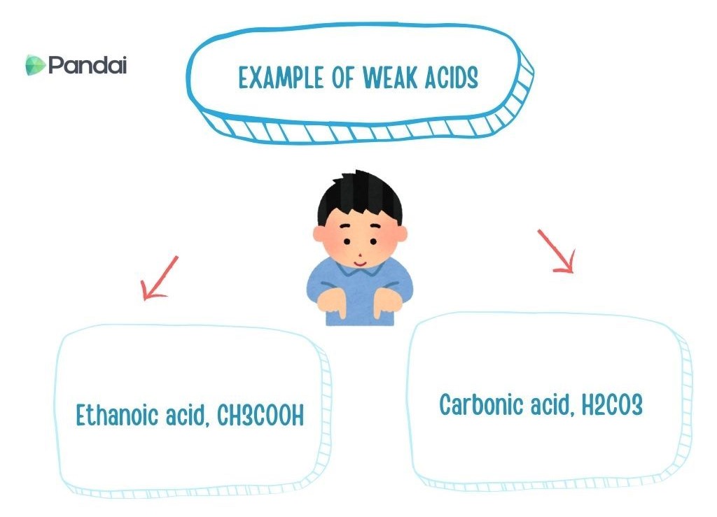 The diagram shows the example of weak acid such as ethanoic acid CH3COOH and carnonic acid H2CO3.