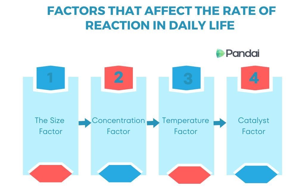 This image is an infographic titled ‘FACTORS THAT AFFECT THE RATE OF REACTION IN DAILY LIFE.’ It features four columns, each representing a different factor. Each column has a number at the top and a label below: 1. The Size Factor 2. Concentration Factor 3. Temperature Factor 4. Catalyst Factor The background is white, and the text is in blue. The logo ‘Pandai’ is present on the right side.