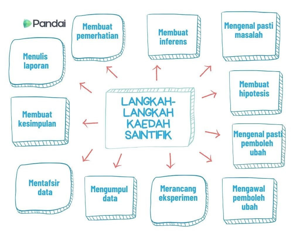 Imej ini menunjukkan carta alir yang menggambarkan kaedah saintifik. Di tengah-tengah, terdapat kotak dengan teks ‘LANGKAH-LANGKAH KAEDAH SAINTIFIK.’ Di sekelilingnya, terdapat 11 kotak yang dihubungkan dengan anak panah ke arah kotak tengah. Kotak-kotak tersebut mengandungi teks berikut: ‘Membuat pemerhatian,’ ‘Membuat inferens,’ ‘Mengenal pasti masalah,’ ‘Membuat hipotesis,’ ‘Mengenal pasti pemboleh ubah,’ ‘Mengawal pemboleh ubah,’ ‘Merancang eksperimen’ ‘Mengumpul data,’ ‘Mentafsir data,’ ‘Membuat kesimpulan,’ dan ‘Menulis laporan.’ Logo Pandai terletak di sudut kiri atas imej.