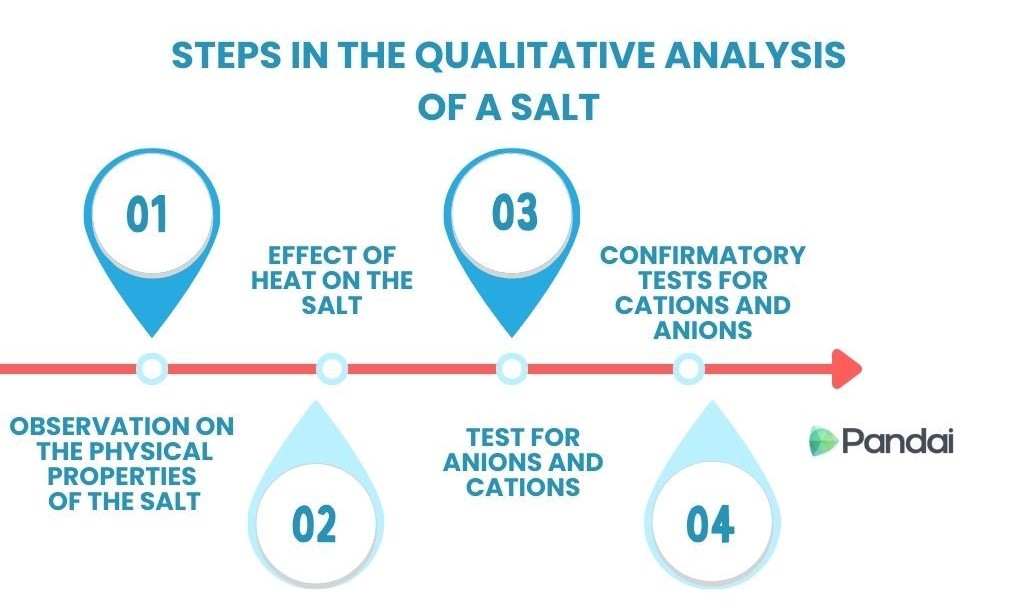 The image is an infographic titled ‘STEPS IN THE QUALITATIVE ANALYSIS OF A SALT.’ It outlines four steps in the analysis process: 1. Observation on the physical properties of the salt. 2. Effect of heat on the salt. 3. Test for anions and cations. 4. Confirmatory tests for cations and anions. Each step is represented by a numbered circle with a brief description next to it. The infographic is branded with the ‘Pandai’ logo.