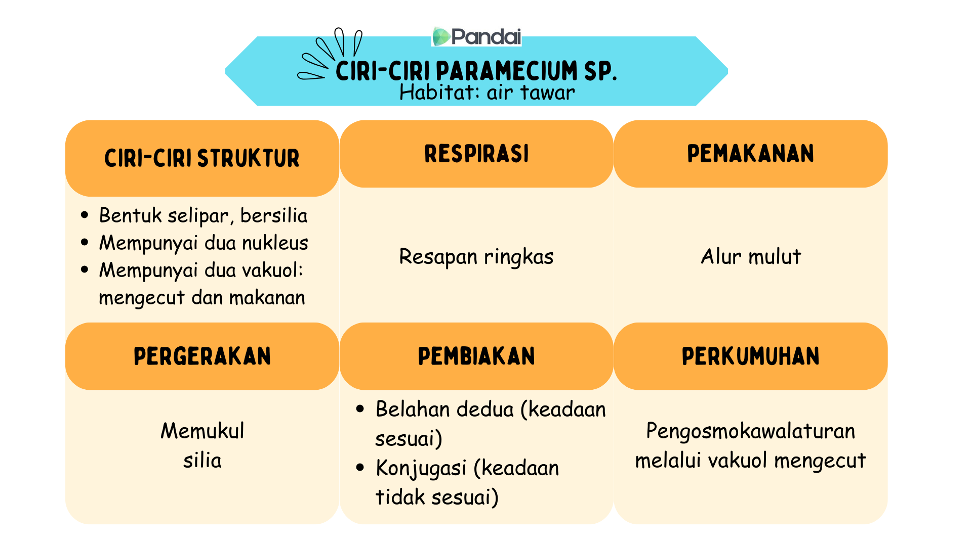 Imej ini ialah carta yang memperincikan ciri-ciri Paramecium sp., yang mendiami air tawar. Carta dibahagikan kepada enam kategori: 1. Ciri-ciri Struktur - Bentuk selipar - mempunyai silia - Mempunyai dua nukleus - Mempunyai vakuol mengecut dan vakuol makanan 2. Respirasi: - Resapan ringkas 3. Pemakanan: - Alur mulut 4. Pergerakan: - Pukulan silia 5. Pembiakan: - Pembelahan dedua (keadaan sesuai) - Pembentukan spora (keadaan tidak sesuai) 6. **Perkumuhan**: - Pengosmokawalaturan melalui vakuol mengecut