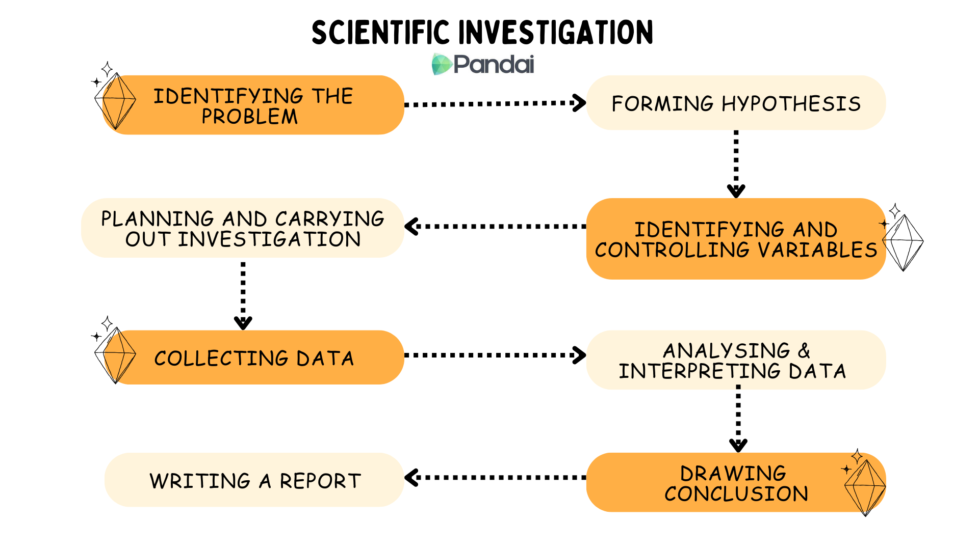 This image is a flowchart titled Scientific Investigation. It outlines the steps involved in a scientific investigation process. The steps are: 1. Identifying the Problem 2. Forming Hypothesis 3. Planning and Carrying Out Investigation 4. Identifying and Controlling Variables 5. Collecting Data 6. Analyzing & Interpreting Data 7. Writing a Report 8. Drawing Conclusion Arrows indicate the sequence of steps, showing the flow from one step to the next. 