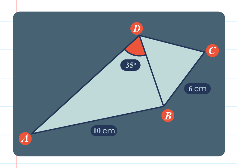 Diagram of quadrilateral ABCD with sides labeled: AB=10cm, BC=6cm, and angle ADB=35 degrees illustrated.