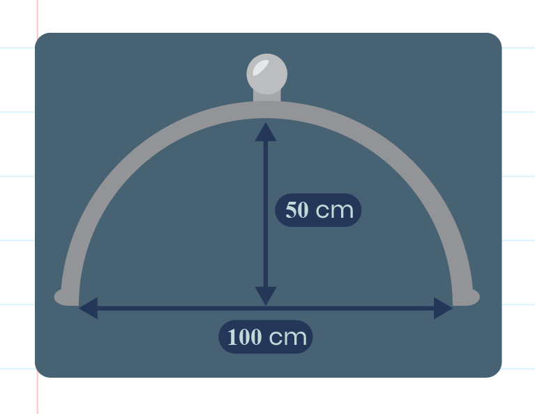 Visual representation of cross-section of a rattan food cover which is parabolic in shape with height of 50 cm and diameter of 100 cm.