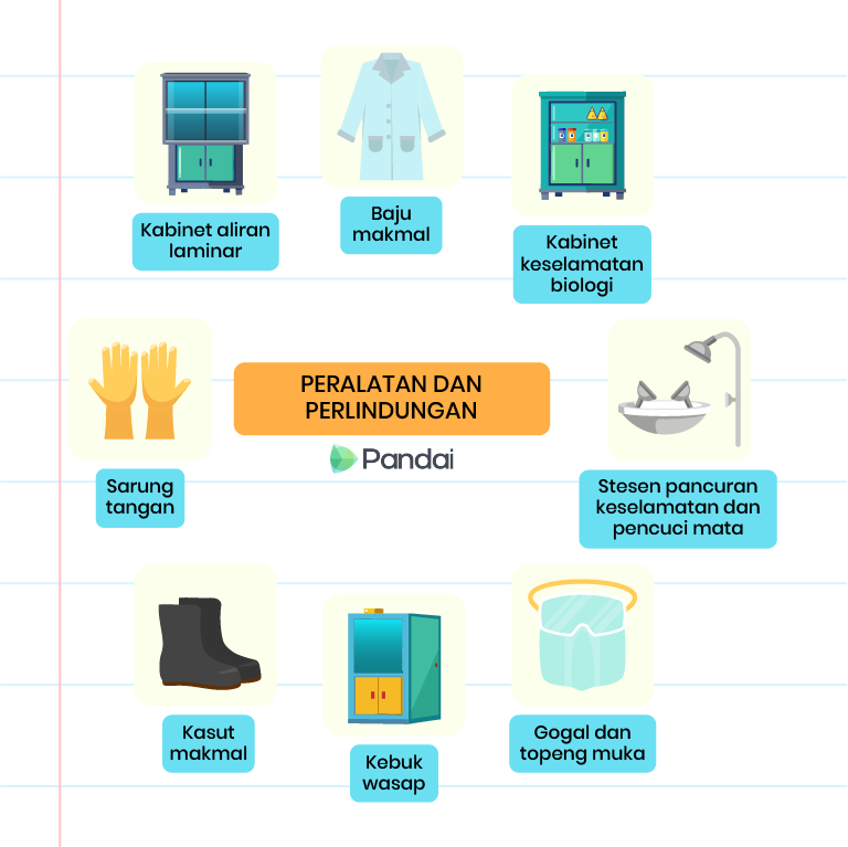 Imej ini menggambarkan pelbagai jenis peralatan perlindungan yang digunakan dalam makmal. Ia termasuk: - Kabinet aliran Laminar, Kabinet keselamatan biologi, kebuk wasap, stesen pancuran keselamatan dan pencuci mata, gogal dan topeng muka, kasut makmal, baju makmal dan sarung tangan