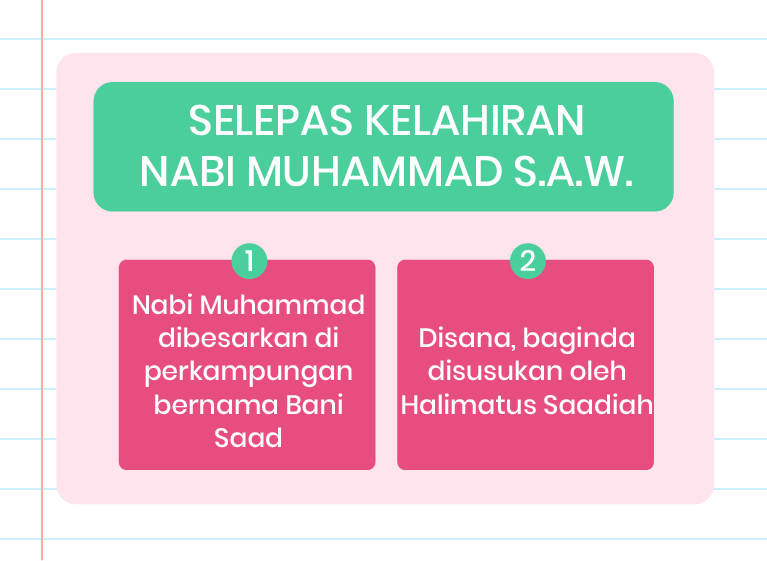 Gambar ini mengandungi dua kotak teks yang menerangkan peristiwa selepas kelahiran Nabi Muhammad SAW. Kotak pertama berwarna hijau muda dengan nombor ‘1’ di atasnya, menyatakan ‘Nabi Muhammad dibesarkan di perkampungan bernama Bani Saad’. Kotak kedua berwarna biru dengan nombor ‘2’ di atasnya, menyatakan ‘Disana, baginda disusukan oleh Halimatus Saadiah’. Di sebelah kiri atas gambar terdapat logo ‘Pandai’ dan di sebelah kanan atas terdapat kaligrafi Arab yang bermaksud ‘Muhammad’.