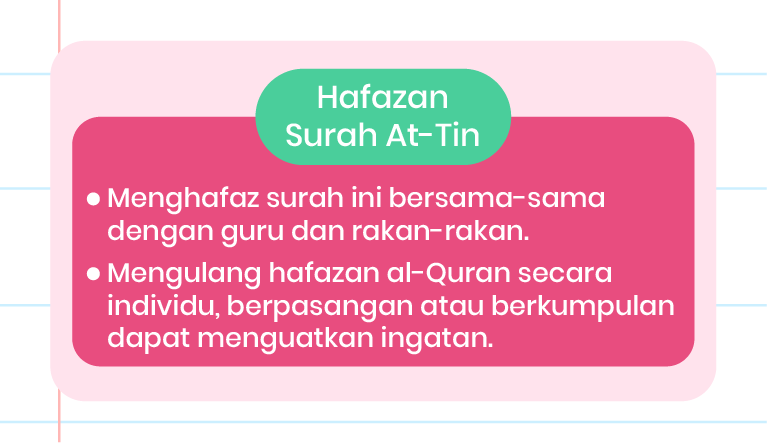 Imej ini menunjukkan seorang lelaki yang sedang menghafaz surah At-Tin. Terdapat dua poin penting yang dinyatakan dalam kotak teks berwarna biru gelap: 1. Menghafaz surah ini bersama-sama dengan guru dan rakan-rakan. 2. Mengulang hafazan al-Quran secara individu, berpasangan atau berkumpulan dapat menguatkan ingatan. Di sudut kanan bawah, terdapat logo Pandai. Latar belakang imej ini mempunyai corak abstrak berwarna biru muda dan biru gelap.