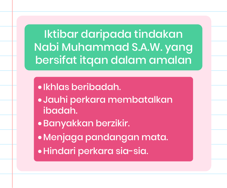 Gambar ini menunjukkan sebuah petikan yang bertajuk ‘Iktibar daripada tindakan Nabi Muhammad SAW yang bersifat itqan dalam amalan.’ Di bawah tajuk tersebut, terdapat lima poin penting yang disenaraikan: - Ikhlas beribadah - Jauhi perkara membatalkan ibadah - Banyakkan berzikir - Menjaga pandangan mata - Hindari perkara sia-sia Di sebelah kanan teks, terdapat ilustrasi tangan yang sedang menulis dengan pen. Di sudut kiri bawah, terdapat logo ‘Pandai’. Latar belakang gambar berwarna putih dengan hiasan berbentuk segi empat berwarna biru di keempat-empat sudutnya.