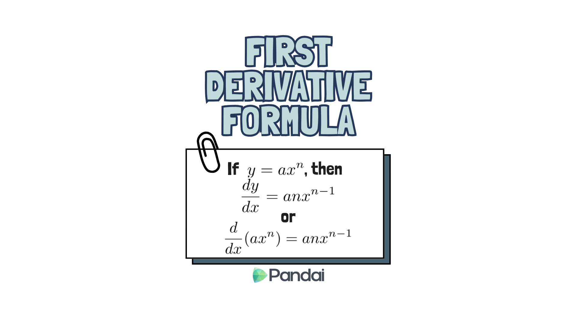 The image displays a mathematical formula for the first derivative. It includes the text 'FIRST DERIVATIVE FORMULA' at the top. Below, there is a paper clipped note with the formula: 'If y = ax^n, then dy/dx = anx^(n-1) or d/dx(ax^n) = anx^(n-1)'. At the bottom, there is a logo with the word 'Pandai'.